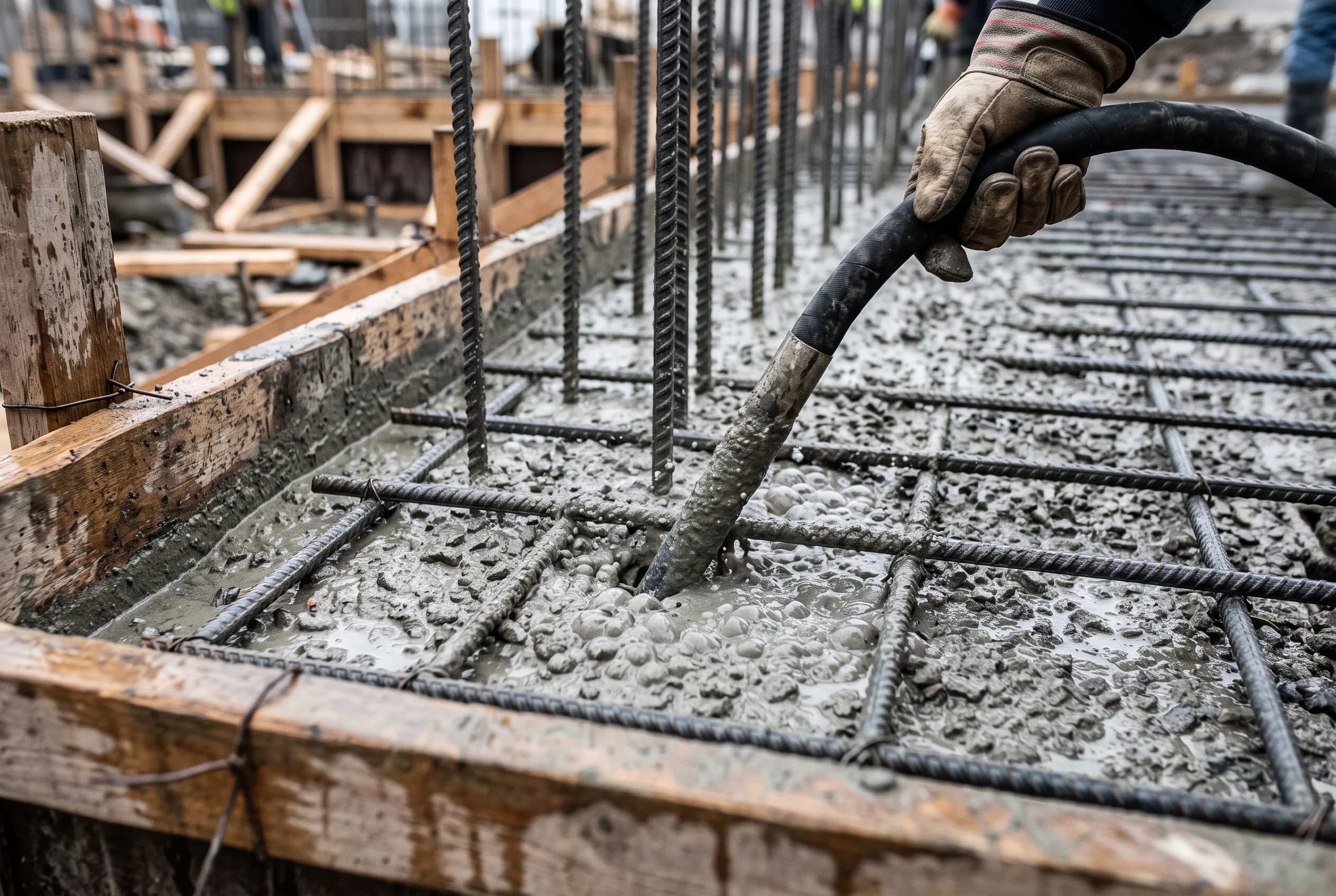 Betooni valamine armatuurvõrku vundamendi raketise sees