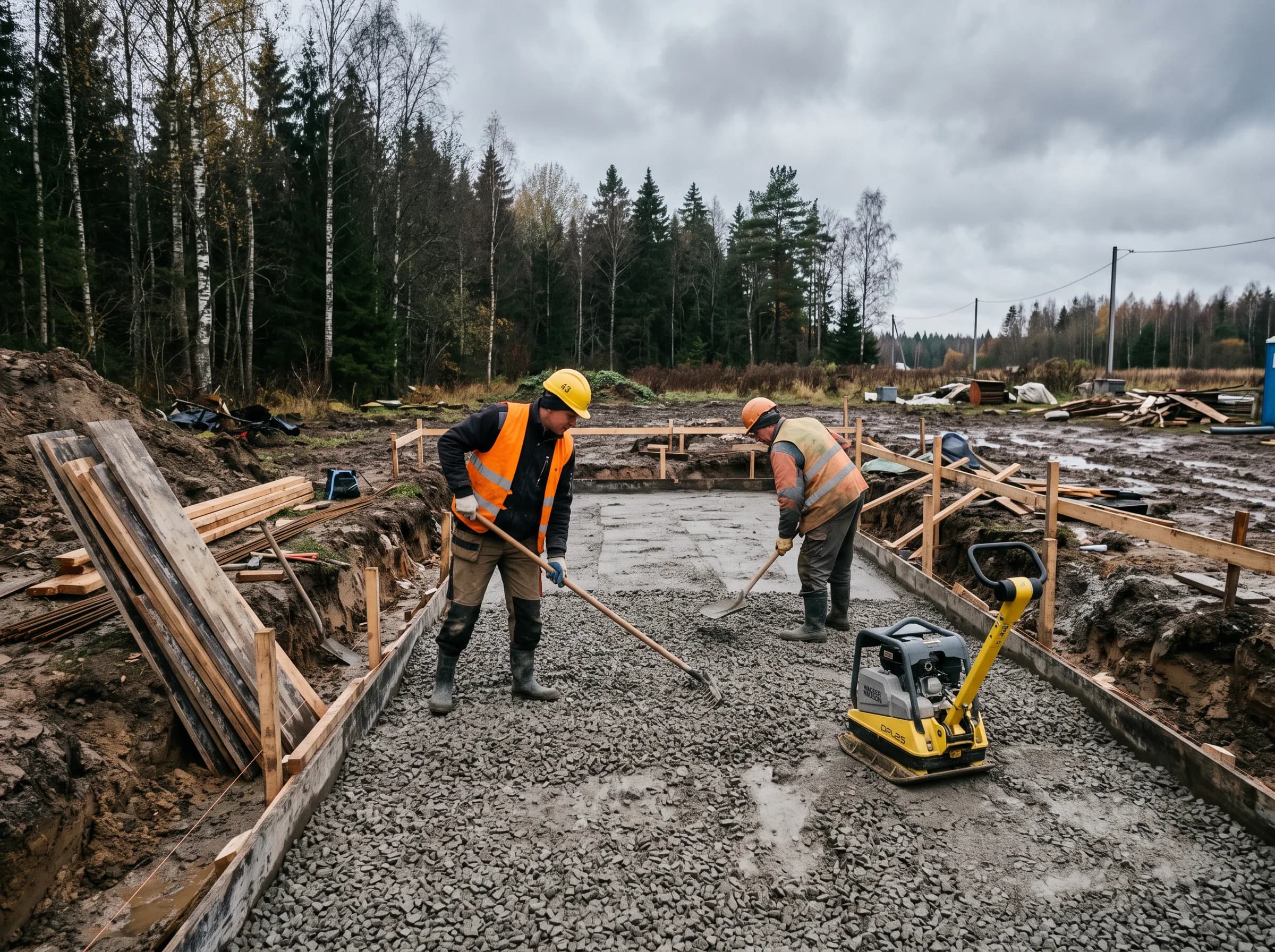 Töömehed tihendamas killustikust aluspatja eramu vundamendi süvises