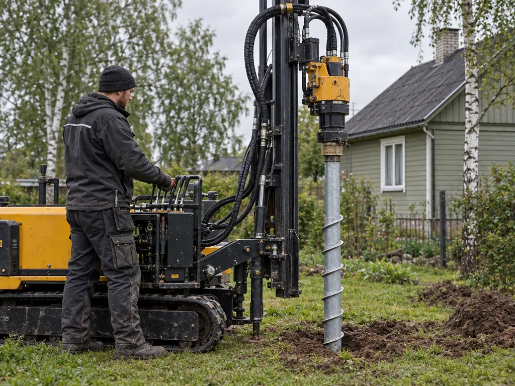 Kruvivaia paigaldusseade keerab vaia aiakrundi pinnasesse, taustal aed ja mets