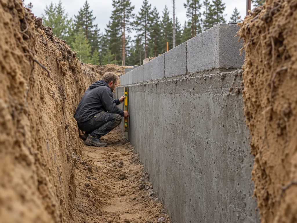Vaade väljakaevatud kaeviku seest piki valminud lintvundamendi seina, seina peal vundamendiplokid