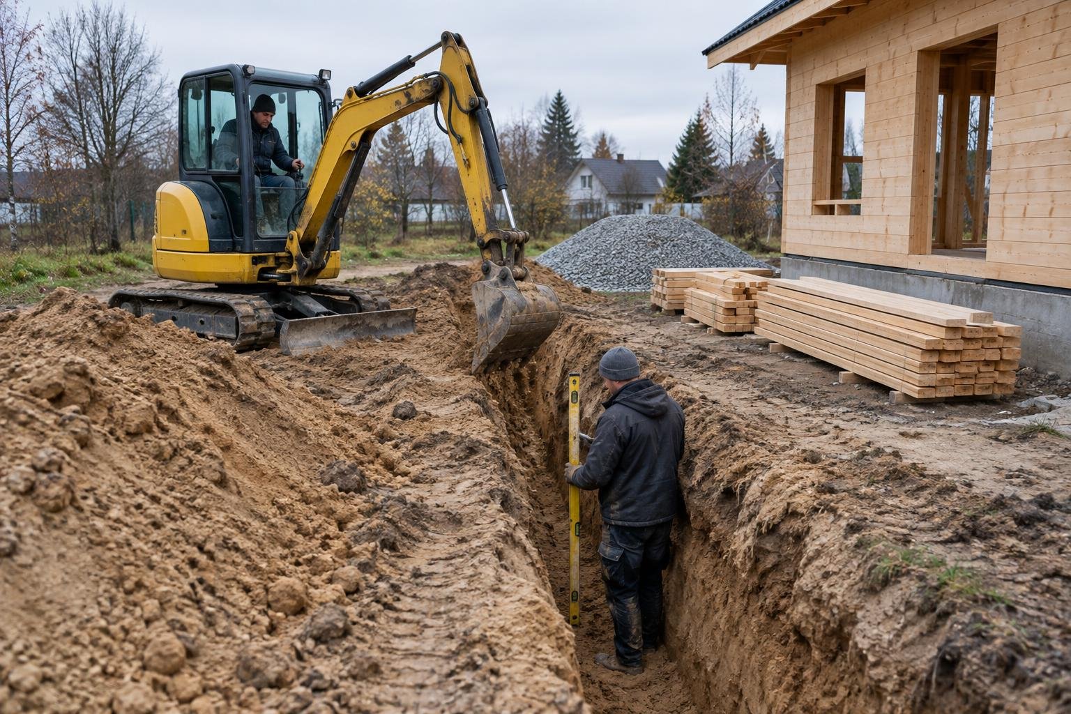 Miniekskavaator kaevab äsja püstitatud puitmaja kõrval vundamendikraavi, kraavis seisab töömees lasernivelliiriga