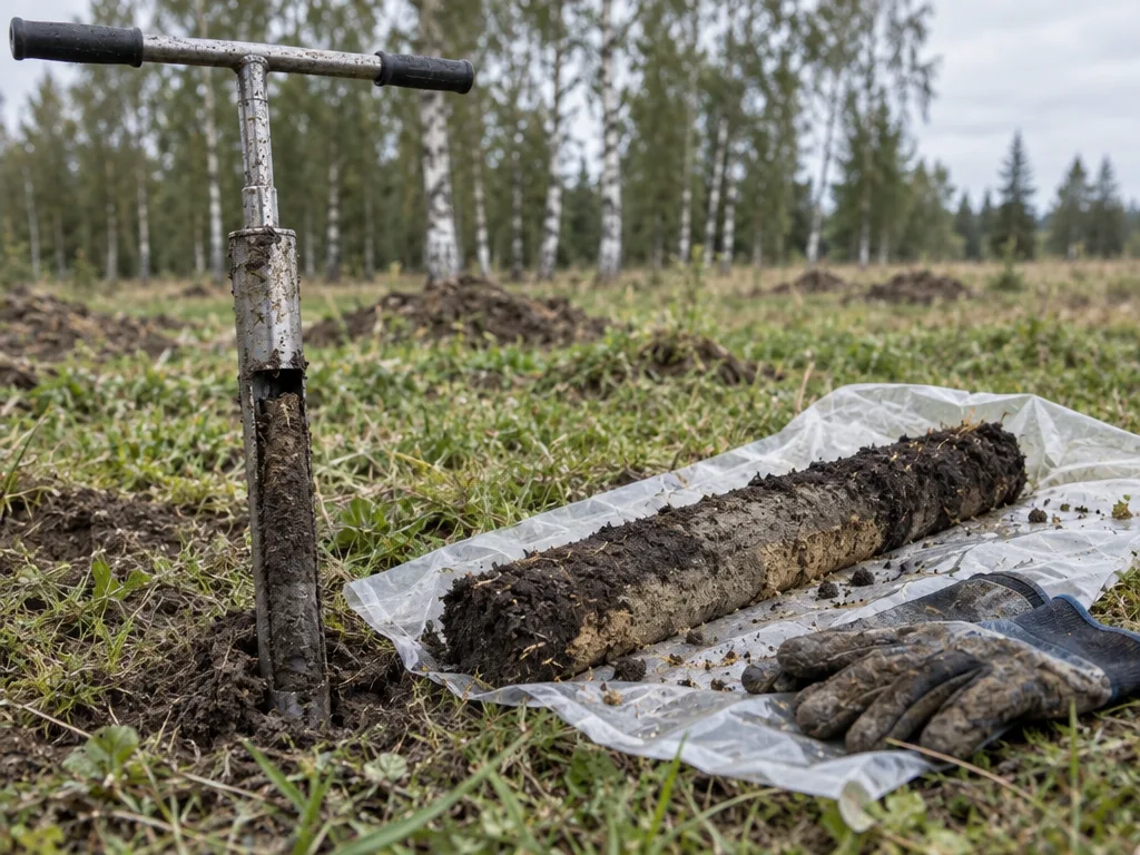Pinnaseuuringu käsipuur maapinnas väljakaevatud pinnaseproovi kõrval kilel