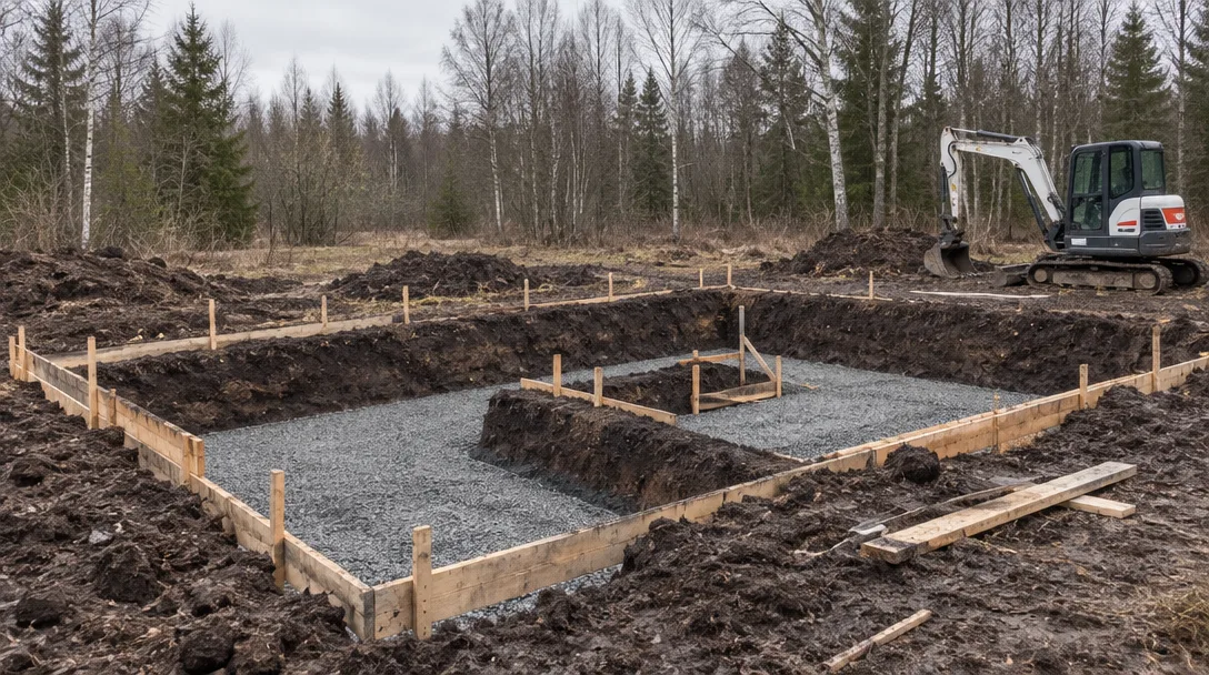 Kaevatud vundamendikaevik tihendatud killustikpadja ja puitraketisega, taustal kaevur