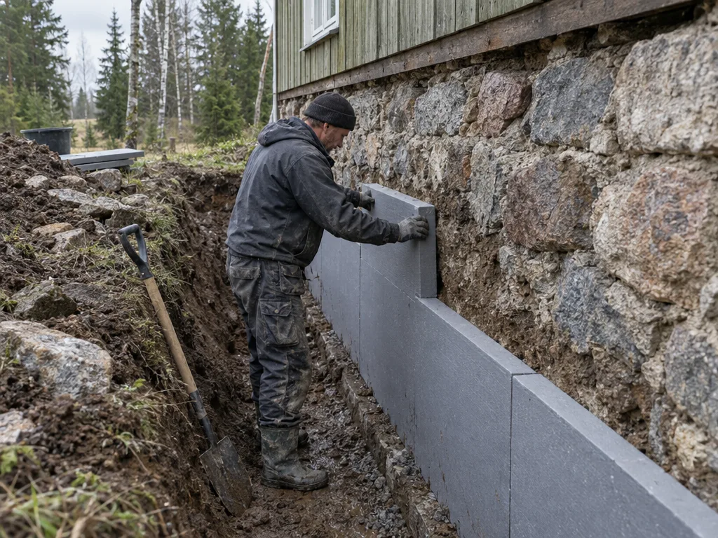 Töömees kinnitab XPS-soojustusplaate paekivist vundamendiseinale kaevatud kaevikus vana maja kõrval
