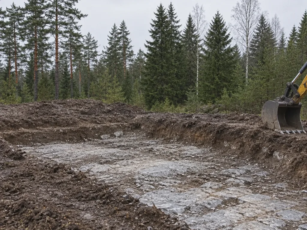 Kaevatud kaevik paekivini Harjumaa krundil, ekskavaatori kopp serval, taustal metsaserv