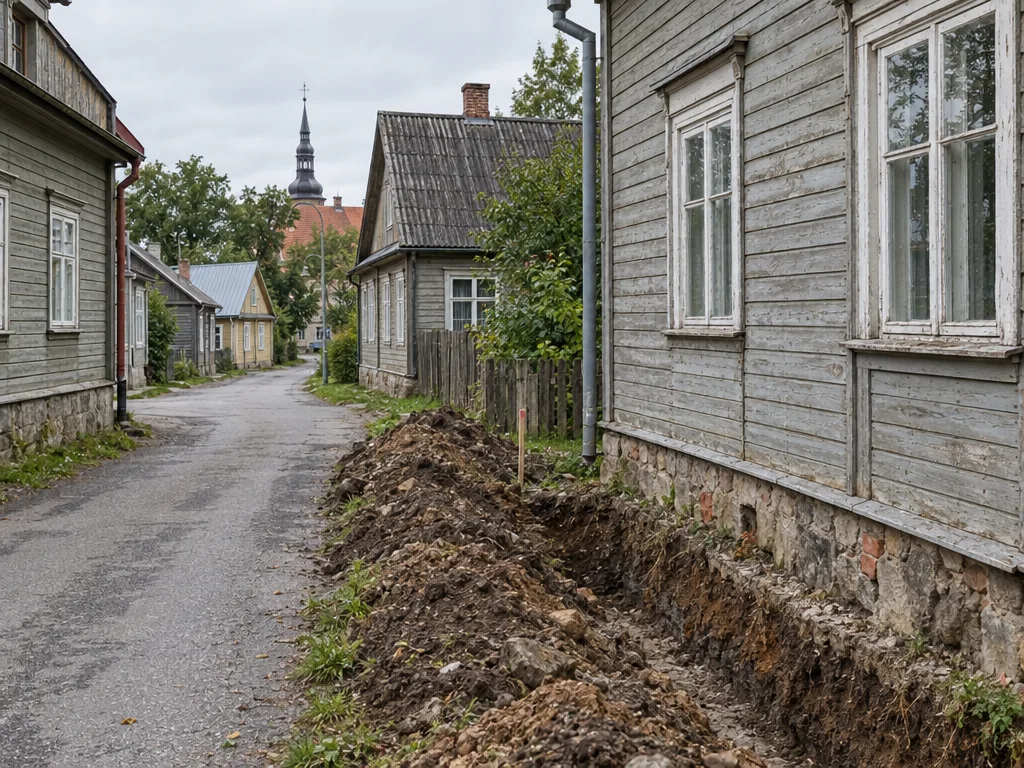 Vanade puitmajadega tänav Viljandis, krundi ääres kaevatud vundamendikaevik