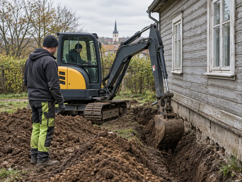 Väike ekskavaator kaevab vundamendikaevikut Viljandimaa krundi ääres, kõrval seisab tööd juhendav töömees